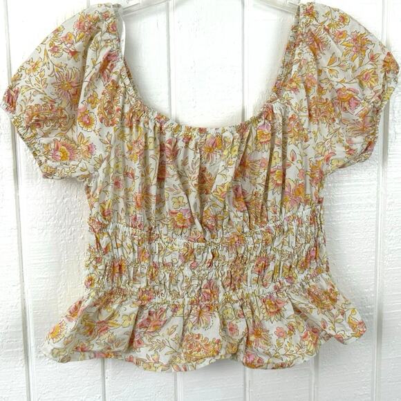 Sim & Sam Women Short Sleeve Floral Smocked Top Yellow Milkmaid Boho Size Large - Picture 6 of 8